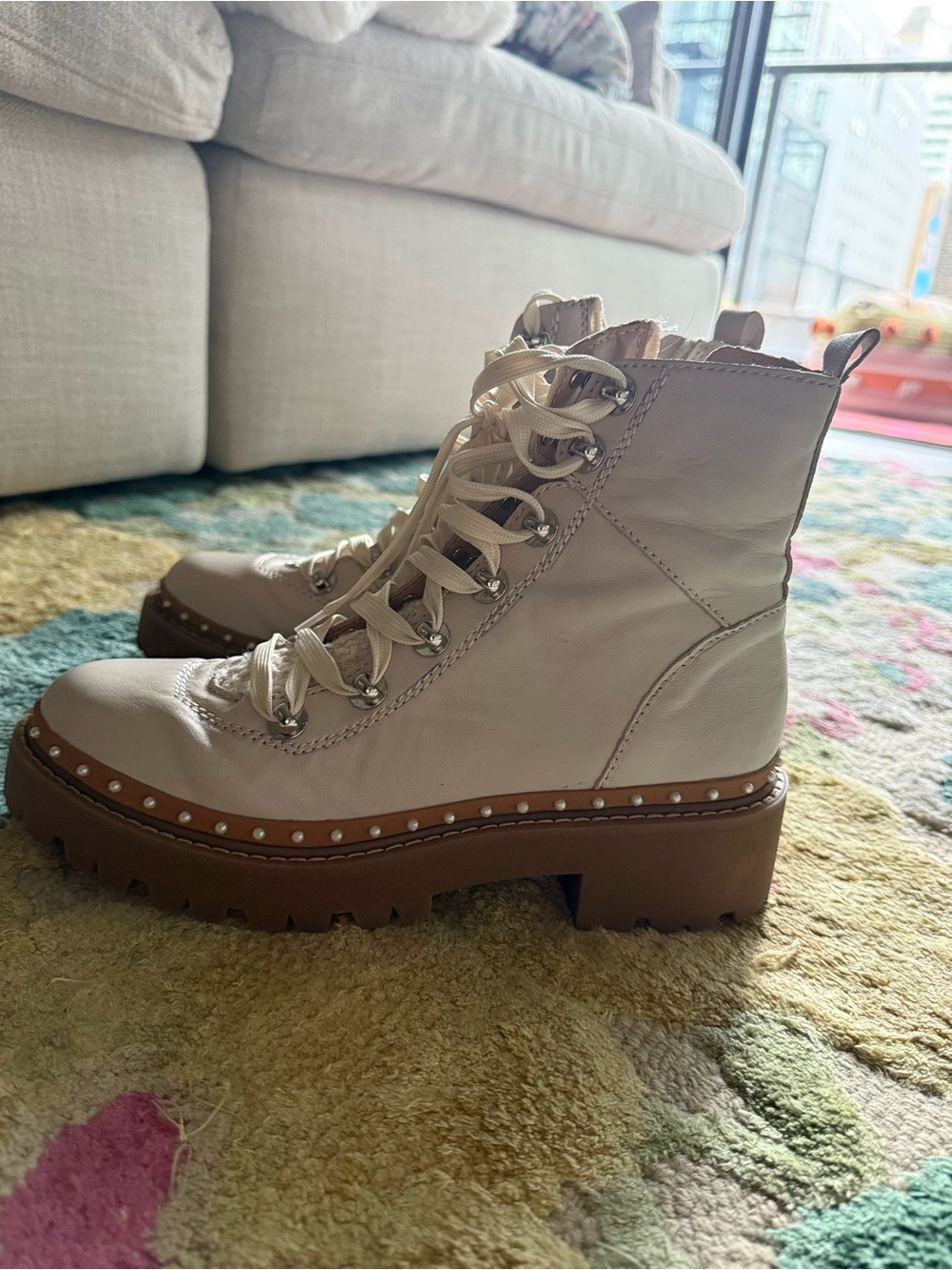 Steve Madden Cream Lace-Up Combat Boots with Studded Trim